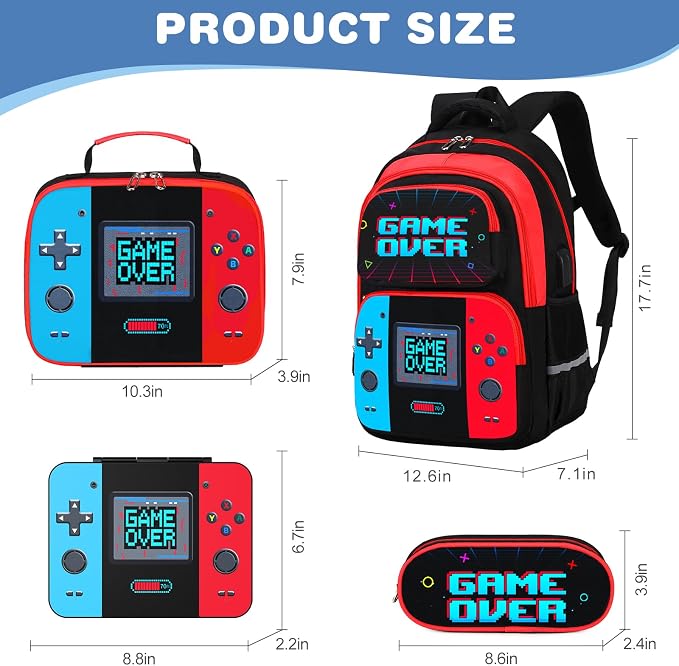 Bevalsa Kids Backpack for Boys with Bento Lunch Box, Insulated Bag & Utensils, 43oz Lunch Containers with 6 Compartment, Gamer Backpack School Bags for Elementary Middle School Student (Red Blue) - Image 2