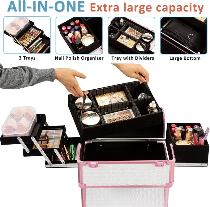 Arous Rolling Train Makeup Case Cosmetology Case on Wheels, White | Cosmetic Travel Trolley 4 Tray with Sliding Rail Removable Middle Layer with Key Salon Barber Case Traveling Cart Trunk - Image 3
