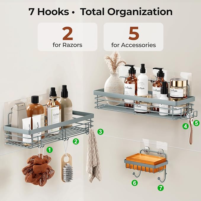 Orimade Adhesive Shower Caddy Soap Dish Holder Shelf with 5 Hooks Bathroom Organizer Basket Kitchen Storage Rack Wall Mounted No Drilling Stainless Steel - 3 Pack, Light Blue Grey - Image 7