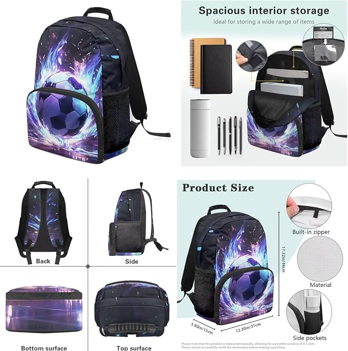 Flying Soccer Backpack for Boys Kids Backpack with Lunch Box Water Bottle Holder with Strap and Zipper Pencil Case 4PCS Set Bookbag with Compartments for School17 inch Elementary Preschool - Image 7