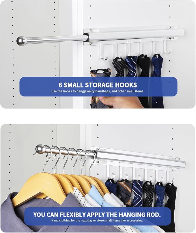 BaiNong Valet Rod for Closets Pull Out 16.5" Silver with 6 Hooks (2Pack) | Closet Valet Rod Slide Out for Closets, Laundry Rooms, RVs Space-Saving - Image 3