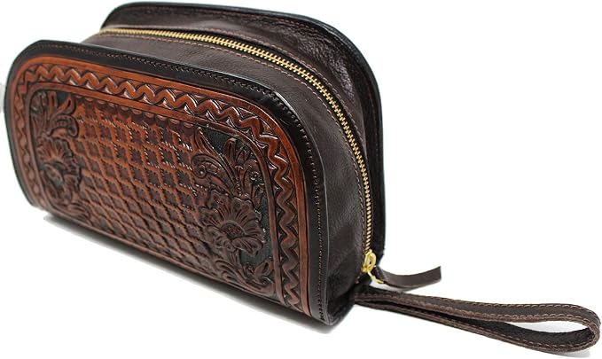Men's Travel Toiletry Organizer Shaving Kit Tooled Leather Bag 18AA28BR - Image 2