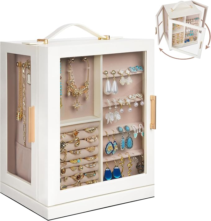 360° Rotating 5‑Drawers Jewelry Box with Top Handle & Glass Window, Spacious Vertical Jewelry Organizer, Jewelry Storage Case, Dustproof & Moisture‑resistant Design. (White) - Image 8