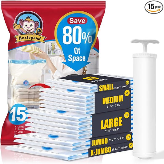 BoxLegend Vacuum Storage Bags with Large Hand Pump 15 Combo (1X-Jumbo, 2 Jumbo, 5 Large, 5 Medium, 2 Small) Thickened Vacuum Seal Bags for Clothing Pillow Comforters Bedding,1 Large Pump by BoxLegend