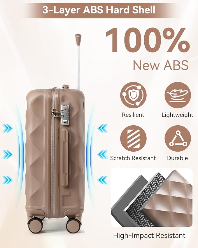 Somago Luggage Set of 3 Piece Suitcase Set Carry On Luggage with YKK Zipper TSA Lock ABS Hardside Luggage Spinner Wheels, Khaki - Image 3