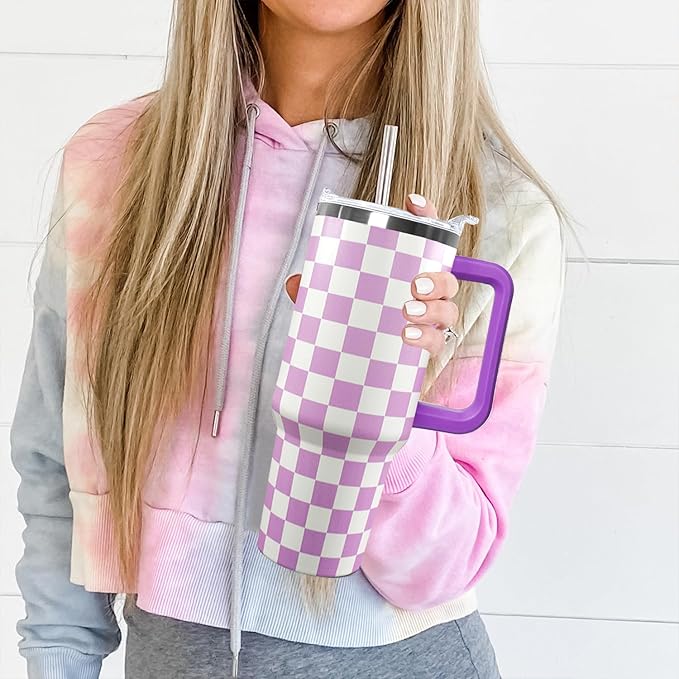 30 Oz Purple Checkered Tumbler with Handle Lid and Straw, Checkered Tumbler Water Bottle Travel Coffee Cup Mug,Checkered Gifts for Women Men