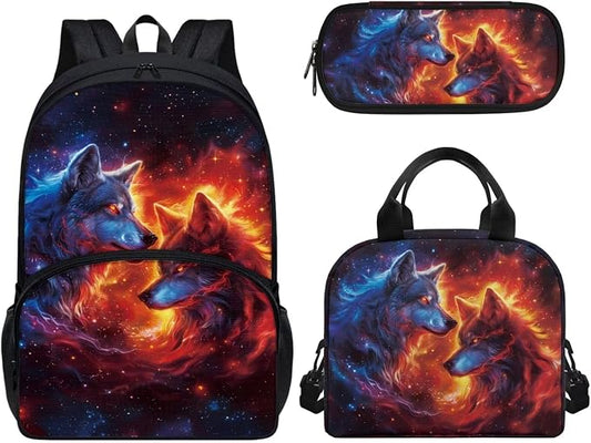 Cool Wolf Backpack Satchel 3 Pack Set Kids Teen Middle School Bookbag with Lunch Box Pencil Case Sudents Schoolbags Outdoor Travel Daypack Back Pack Set by Wideasale