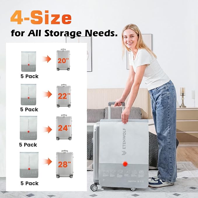 ETENWOLF 20 Pack Vacuum Seal Bags for Clothing with Rechargeable Wireless Pump,Travel Vacuum Storage Bags for Luggage and Suitcase Space Saver Compression Bags in 4 Carry-On Sizes (20/22/24/28Inch) - Image 2