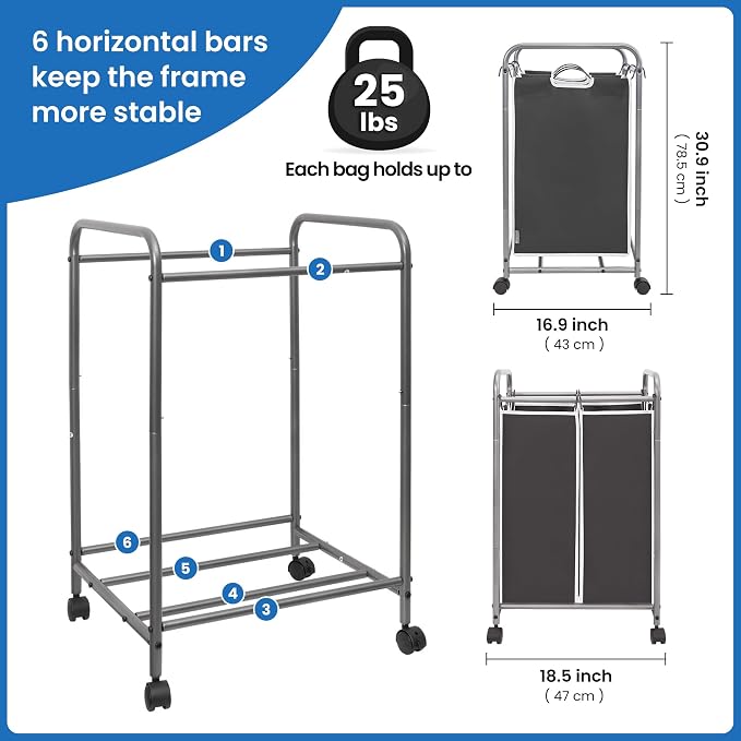 STORAGE MANIAC Laundry Sorter 2 Section, 90L (23.7Gal) Laundry Hamper with Wheels, Clothes Basket Separator Sorter, 2 Bag Cart and Removable Bags for Closet, Dorm, Collage, Black - Image 4