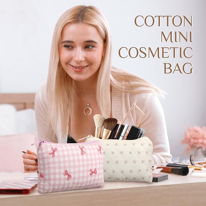 Paterr 10 Pcs Quilted Makeup Bag Bulk Cotton Floral Cosmetic Bag Women Girls Bridesmaid Gifts Cute Makeup Pouch Coquette Aesthetic Travel Toiletry Organizer(Bow Floral,6.30 x 3.94 Inches) - Image 4