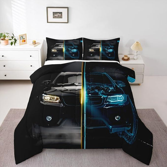 Erosebridal Kids Race Car Comforter Set Full Size for Child Girls Boys Speed Sports Car Bedding Set, Teens Youth Extreme Sport Bedding Comforters Automobile Duvet Sets Bedroom Decor, Blue Black by Erosebridal