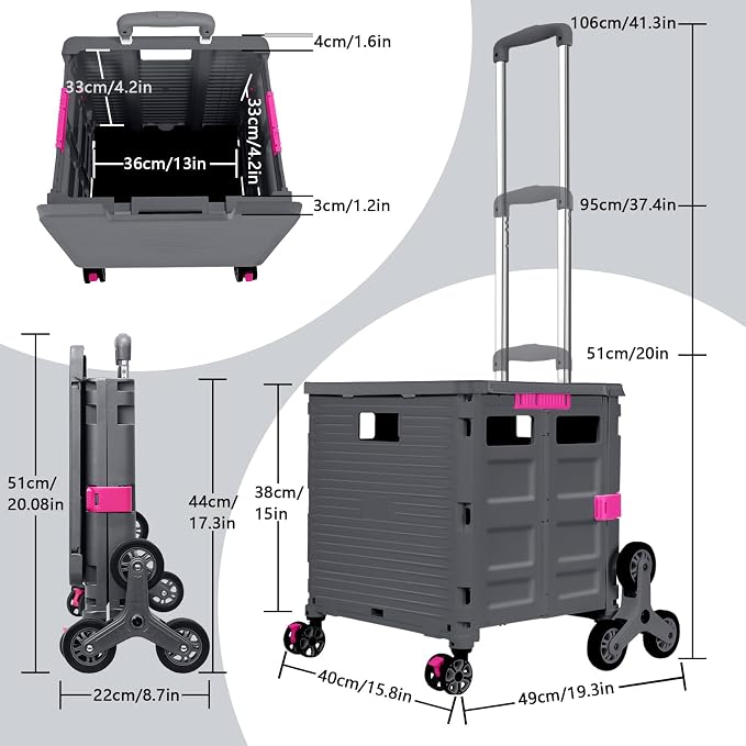Foldable Utility Cart Portable Crate Rolling Dolly with Telescopic Handle,Can be Pulled diagonally, Magnetic Retractable Lid, 360°Swivel Climbing Wheels for Shopping Carrying Groceries Move Grey - Image 9