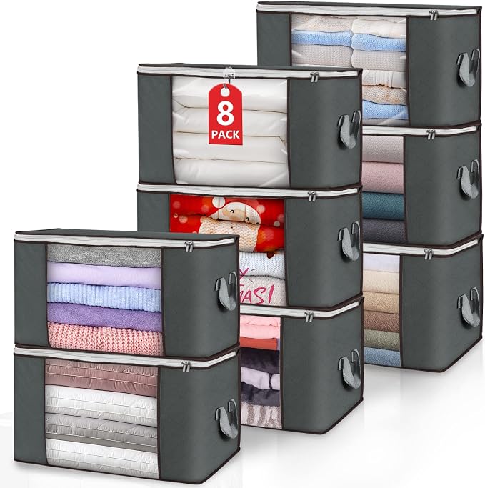 Large Storage Bags, 8 Pack Clothes Storage Bins Foldable Closet Organizers Storage Containers with Durable Handles Thick Fabric for Blanket Comforter Clothing Bedding 90 L (Gray) | Foldable Storage Containers, with Reinforced Handle, for Clothing, Blan... by BuddingJoy-BuildaJoyfulLifeforYou