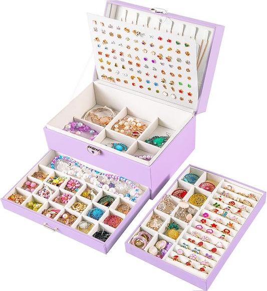 QBestry Earrings Jewelry Box for Girls, 5 Layers Jewelry Organizer with Earring Holder Organizer for Girls Earring Organizer Jewelry Boxes for Women Earrings and Necklaces Jewelry Box Organizer Violet by QBestry