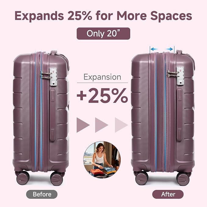 Somago 20" Carry On Luggage and 14" Mini Cosmetic Cases Travel Set Lightweight Polypropylene Suitcase with TSA Lock YKK Zipper Hardside Luggage with Spinner Wheels (2 Piece Set, Elegant Purple) - Image 2