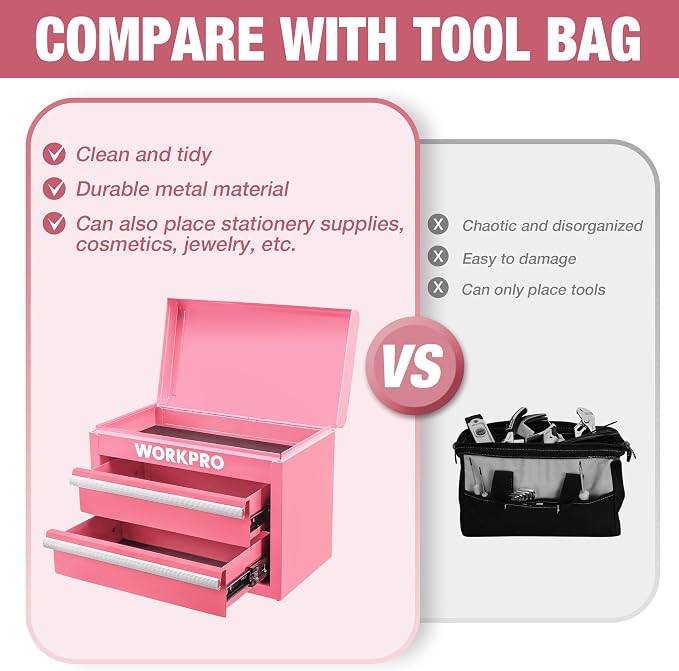 WORKPRO Metal Mini Tool Box with 2 Drawers and Top Storage | Cold Rolled Steel Toolbox, Ball Bearing Slides, PVC Drawer Liners, PP Feet Pads, Durable Storage - Image 5