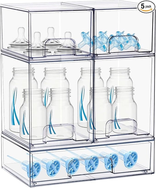 Baby Bottle Organizer, 5 Pack Stackable Storage Dust-proof Drawers, Clear Plastic Bottle Station Organizer for Countertop & Cabinet, Pacifier and Medicine Container for Nursery by Stowgo