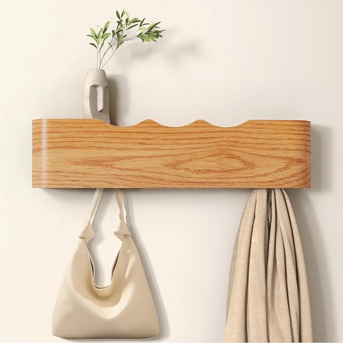 Wall Mounted Coat Rack with Shelf, Wooden Entryway Organizer with Hidden Metal Hooks for Hanging Coats Bags Keys, Modern Floating Shelf for Hallway Bathroom by VERASCOT