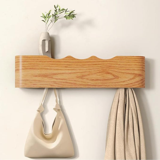Wall Mounted Coat Rack with Shelf, Wooden Entryway Organizer with Hidden Metal Hooks for Hanging Coats Bags Keys, Modern Floating Shelf for Hallway Bathroom by VERASCOT