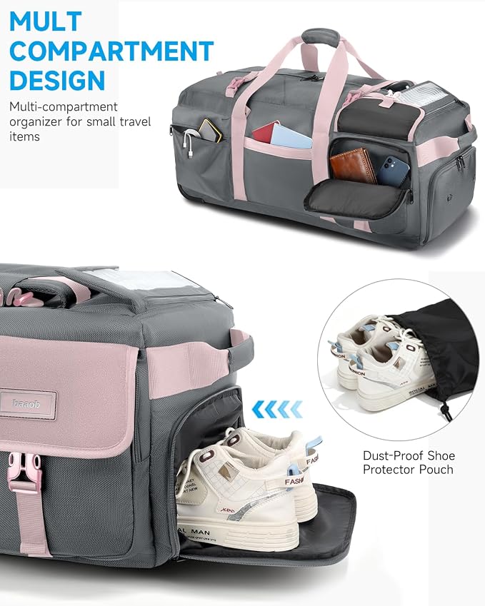Foldable 90L Rolling Duffel Bag with Wheels, 4-in-1 Carry Water-resistant Travel Duffle with Shoe Compartment&Quick-Access Pockets, Multi-Purpose Bag for Gym, Camping - Image 4