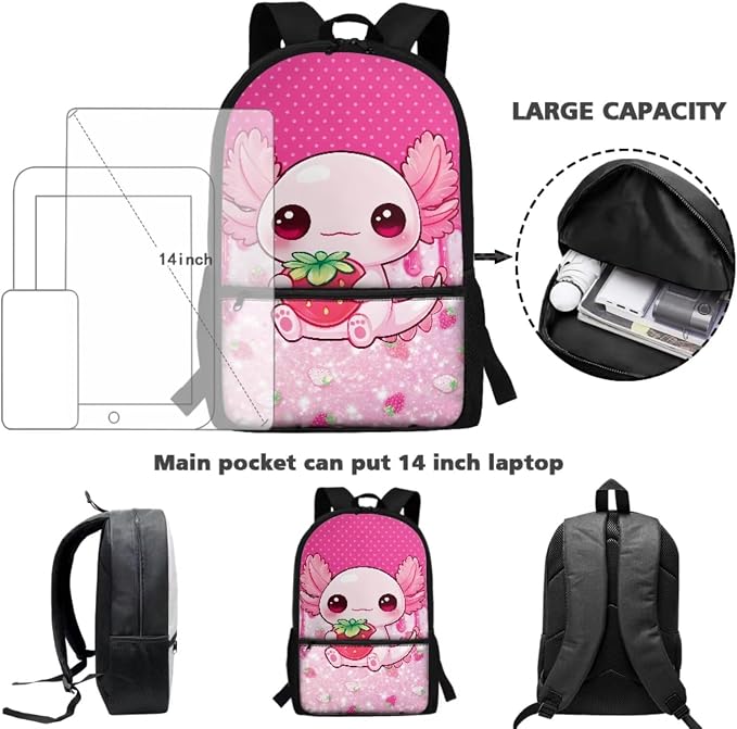 Strawberry Axolotl Kids 4-in-1 Backpack Set, Complete School Essentials – 17'' Bookbag + Insulated Lunch Box + Pencil Case, Lightweight Cute School Bag for Girls Age 6-12, Polka Dot - Image 4
