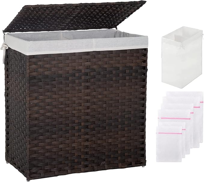 Paylesshere Laundry Basket Handwoven Laundry Hamper 90L/110L Foldable Rattan Hamper With Lid,2 Removable Liner Bags & 6 Laundry Bags,Clothes Hamper Bathroom Laundry Basket,Brown by PayLessHere