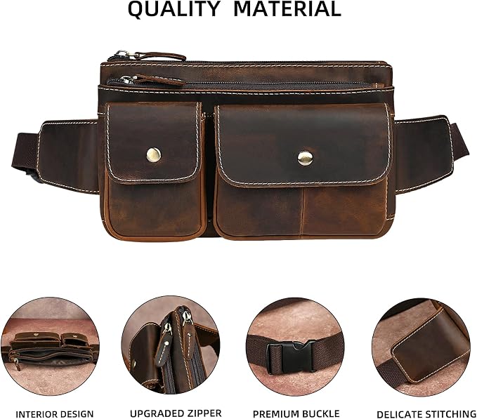 Water Resistant Canvas + Leather Hiking Riding Travel Fanny Waist Pack Small Phone Pouch For Men Women FB811-29 (9802-Brown 2) - Image 5