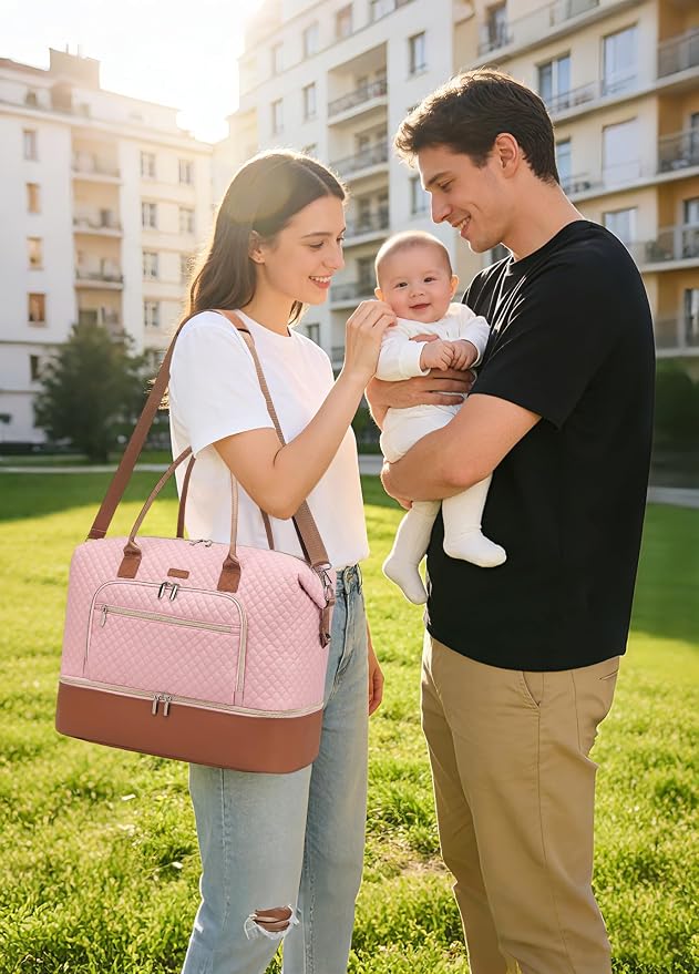 Weekender Bags for Women Travel, Under Seat Carry On Bags for Airplanes Overnight Bag with Shoe Compartment Luggage Sleeve, Foldie Travel Tote Bag Hospital Bag, Travel Gifts, Pink Brown - Image 2