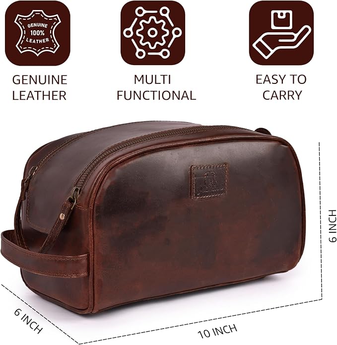 Premium Leather King Size Toiletry Travel Pouch – Handcrafted Dopp Kit with Waterproof Lining, Spacious Design for Travel Essentials, Elegant Cherry Finish - Image 4