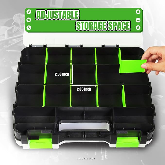 Jack Boss Tool Box with Transparent Lid, Double Side 34-Compartments Organizer Box with Removable Dividers for Hardware, Screws, Bolts, Nails, Beads, Jewelry and Fishing Accessories, Green, 2 Pack - Image 3