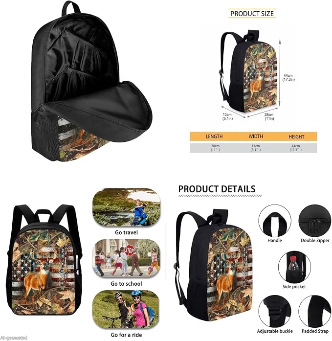 GIFTPUZZ Deer American Flag Backpack 17 Inch Set Boys | Camo 4-Piece Lunchbox Combo, Water Bottle Sleeve, 3rd Grade Back to School Book Bags, 8-10 - Image 5
