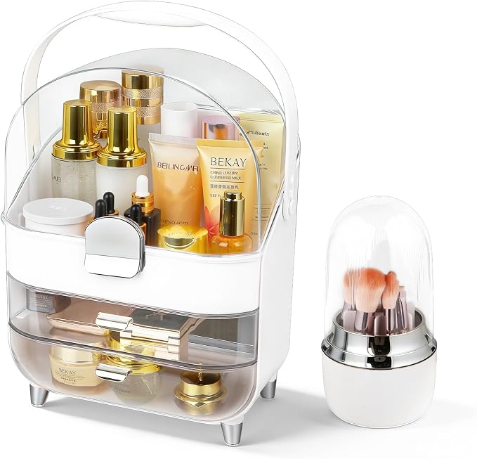 Makeup Organizer with Drawers-Cosmetic Display Case for Vanity|Skincare Organizer with 360 Rotating Brush Holder,Large Storage Box Dresser,Women Gifts Display Cases for Bathroom Countertop, Sliver by Mikoy