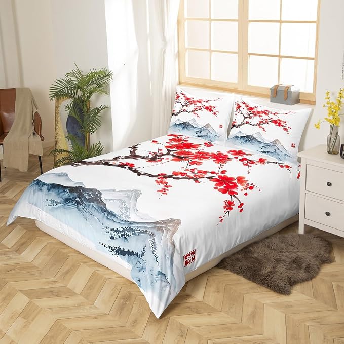 Cherry Blossoms Comforter Cover Full Size for Girls Women Japanese Red Floral Decor Bedding Set Adult Teens Japanese Style Ukiyoe Theme Soft Duvet Cover Mount Fuji Pattern Bedspread with Zipper Ties - Image 3