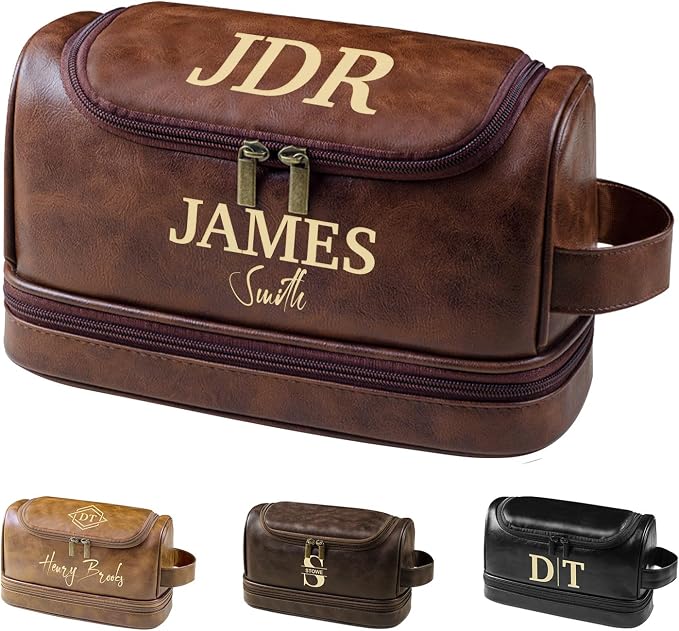Personalized Leather Toiletry Bag, Brown, Three Layer Structure, Waterproof, Customizable Name Engraving, Travel Organizer for Men, Multi-Occasion Gift (TSN201212) by Handmade