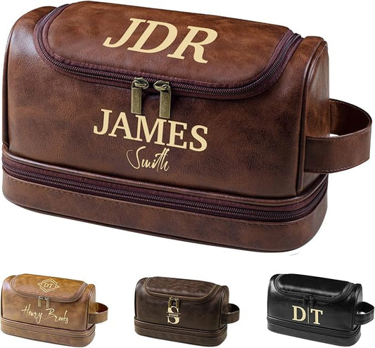Personalized Leather Toiletry Bag, Brown, Three Layer Structure, Waterproof, Customizable Name Engraving, Travel Organizer for Men, Multi-Occasion Gift (TSN201212) by Handmade