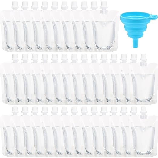 Patelai 150 Pieces Plastic Liquid Pouch Reusable Juice Pouches Travel Water Leak Proof Bags Bulk with Collapsible Silicone Funnel for Travel Outdoor (5 oz) by Patelai