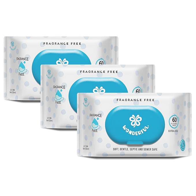 WONDERFUL Flushable Butt Wipes, Unscented 100% Plant-Based Wet Wipes for Adults & Kids, Sewer & Septic Safe, Gentle for Sensitive Skin, Wipes Flushable Pack for Bathroom & Travel, 3-Pack (180 Counts)