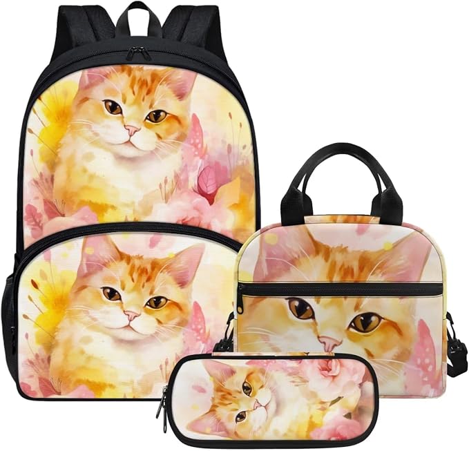 Lovely Floral Cat Backpack with Lunch Box and Pencil Case Girls Comfy Padded Cute School Backpack Set of 3 Bookbag for Student Lightweight Large Capacity Daypack by Parprinty