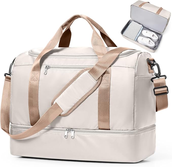 Travel Duffel Bag,Carry-On Overnight Weekender Bags with Shoes Compartment | Travel Bag with Wet Pocket & Luggage Sleeve, For Spirit Airlines 18x14x8 Personal Item Bag,Small,Beige & Brown by SYCNB