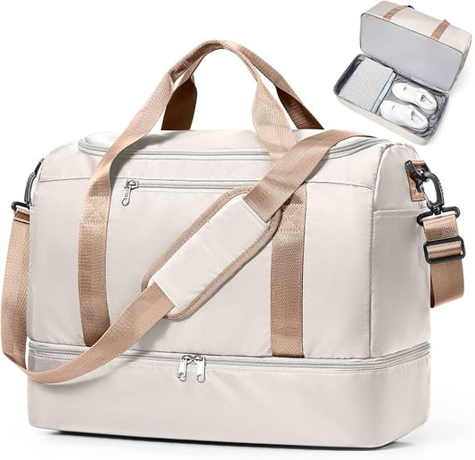 Travel Duffel Bag,Carry-On Overnight Weekender Bags with Shoes Compartment | Travel Bag with Wet Pocket & Luggage Sleeve, For Spirit Airlines 18x14x8 Personal Item Bag,Small,Beige & Brown by SYCNB