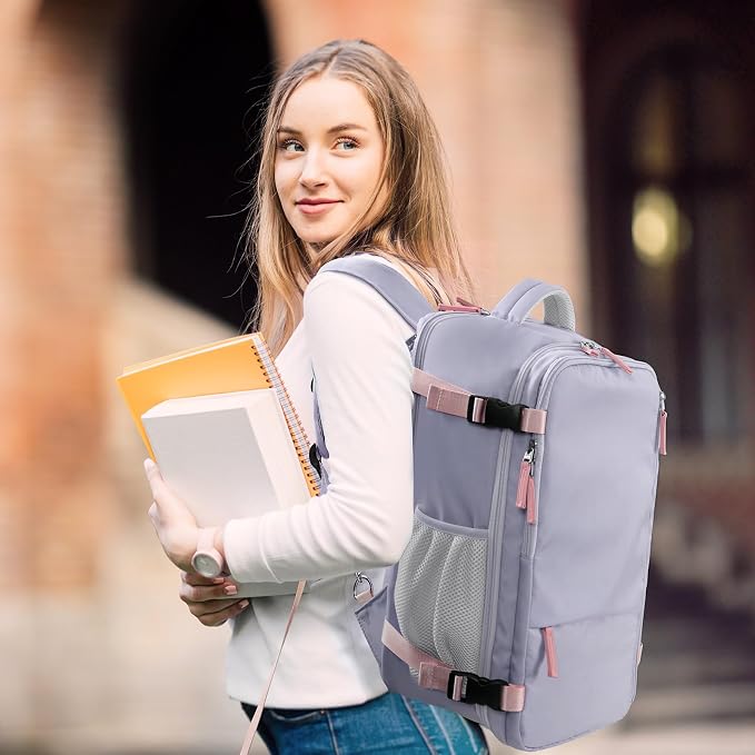 Hanples Travel Backpack for Women, 17 Inch Waterproof Laptop Backpack | 35L Carry on Backpack, TSA Flight Approved Anti Theft Travel Bag, Casual Daypack with 2 Toiletry Bags for Trips, Gray Purple - Image 9