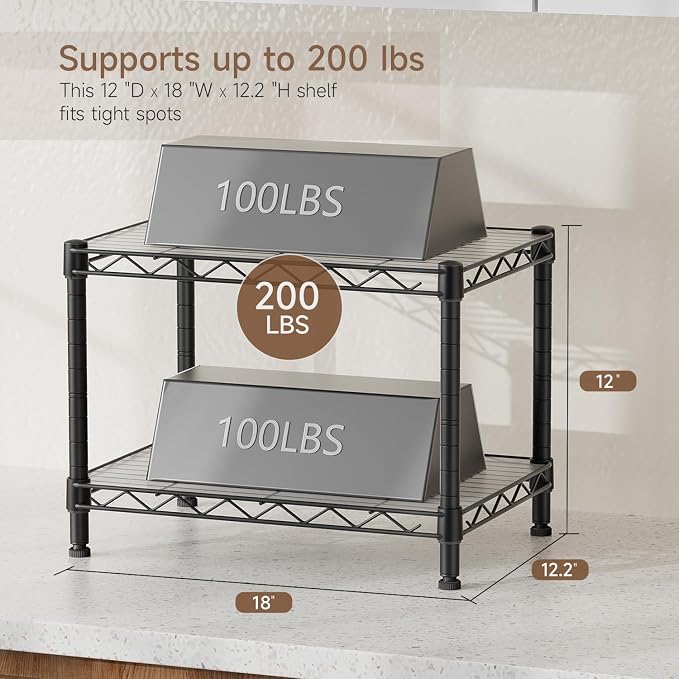 Golpart Small 2 Tier Shelves Storage Wire Shelving Unit Metal Shelf Adjustable Organizers Storage Shelving with Wheels for Bathroom Laundry Room Kitchen Pantry11.7”D x 17.7”W x 12.2”H Black - Image 3