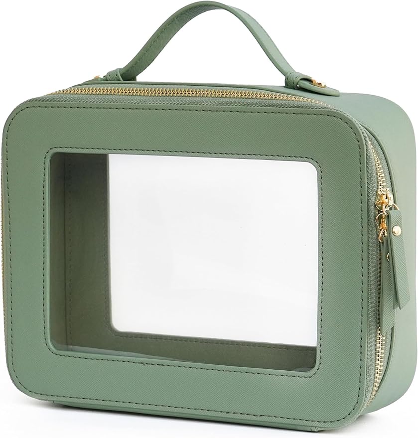 Popvibe Clear Makeup Bag Travel Cosmetic Case Transparent Toiletry Bag with Zipper, Portable Make Up Organizer Traveling Compact Car Bag for Essentials, Sage Green, Large by POPVIBE