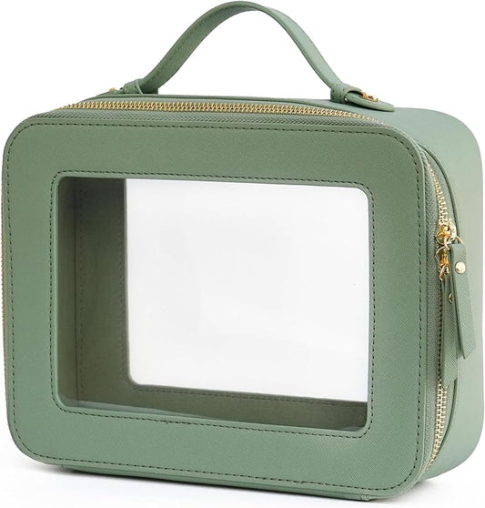 Popvibe Clear Makeup Bag Travel Cosmetic Case Transparent Toiletry Bag with Zipper, Portable Make Up Organizer Traveling Compact Car Bag for Essentials, Sage Green, Large by POPVIBE