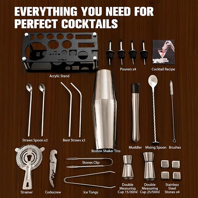 KINGROW Cocktail Shaker Set Bartender Kit, Stainless Steel Boston Bar Tools Drink Mixer Set with Stand & Recipe Booklet for Home Cocktail Making | Silver - Image 6