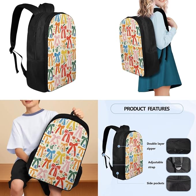 Girls Bow Prints Backpack with Leakproof Lunch Box Pencil Box Water Bottle Bag for School, Large Capacity School Bag for Kids Kindergarten, Primary School - Image 3