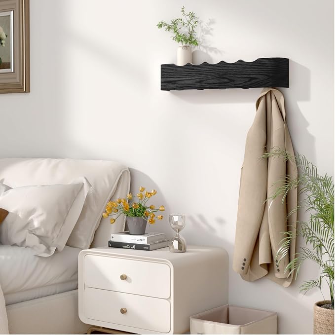 Wall Mounted Coat Rack with Shelf, Wooden Entryway Organizer with Hidden Metal Hooks for Hanging Coats Bags Keys, Modern Floating Shelf for Hallway Bathroom - Image 9