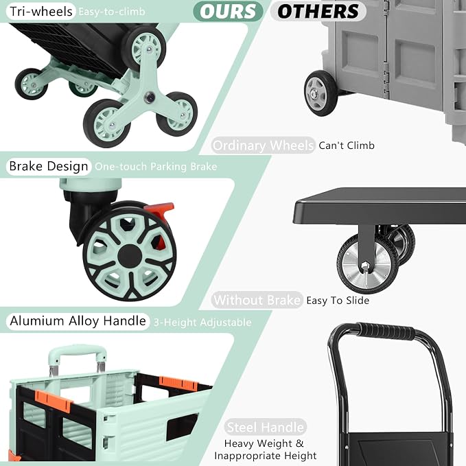 FELICON SELORSS Folding Utility Climber Cart Portable Rolling Crate-Green | Stair Climbing Wheels+360°Swivel Wheels,Telescoping Handle,Plastic Box Dolly for Travel Shop Move Laundry Office Teacher Use - Image 7