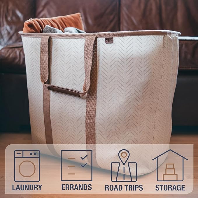 CleverMade LUXE Collapsible Laundry Caddy, 64L, 2 Pack, Cream Herringbone | Refined fabric and vegan leather details suit open rooms. The structured frame carries 2 loads and folds flat for storage. - Image 4