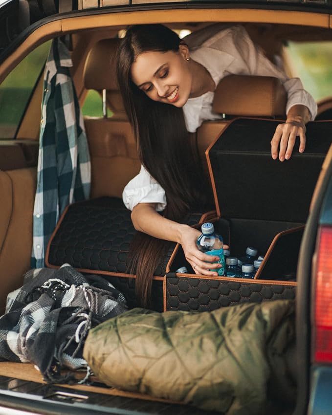 Owleys Rear Cargo Organizer For SUV | Set Of 17.7" & 21.6" Eco-Leather Crates | Foldable Car Storage With Magnetic Lids | Durable Car Trash Bin & Tote | Stylish Gifts For Boyfriend | Black-Brown - Image 9